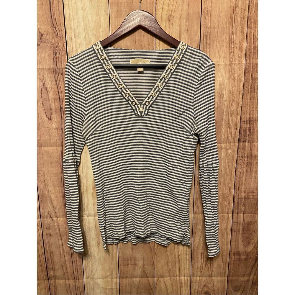 Michael Kors Large blue white striped top shirt long sleeve V-Neck
